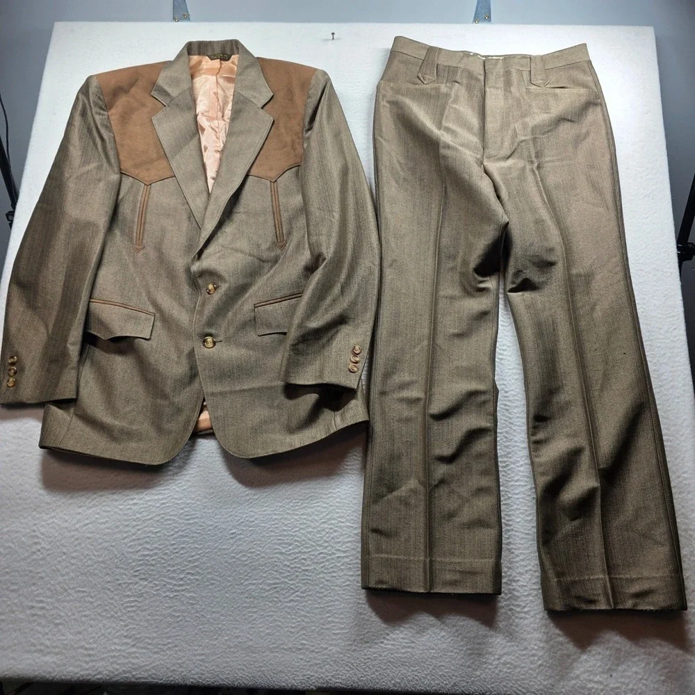 Pagano West Western Suit Men 40R 30W Brown Contrast Yoke Arrow Pockets Vintage